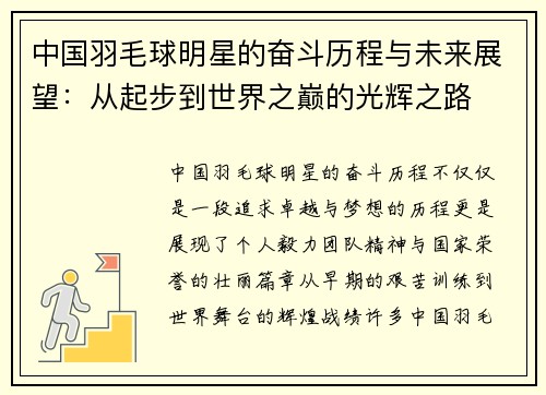 中国羽毛球明星的奋斗历程与未来展望：从起步到世界之巅的光辉之路